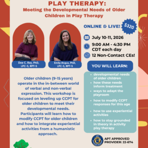 <div class="ew-slider-training-meta"><div class="ew-slider-training-date">July 10, 2026</div><div class="ew-slider-training-badges"><span>12 CEs</span><span>Virtual</span><span>Live Webinar</span></div></div>Child-Centered Activity Play Therapy: Meeting the Developmental Needs of Older Children in Play Therapy